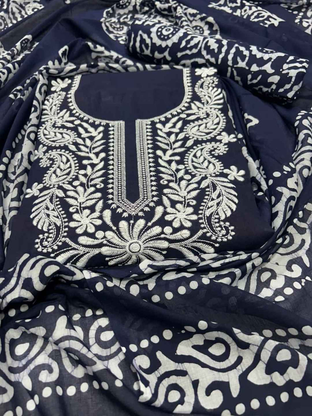 Bombay Batik Pure Cotton Lucknowi Dress Material Batik Handwork – Navy Blue White Colour (FD-DM-LK-NYBLWH-PHLPTI)