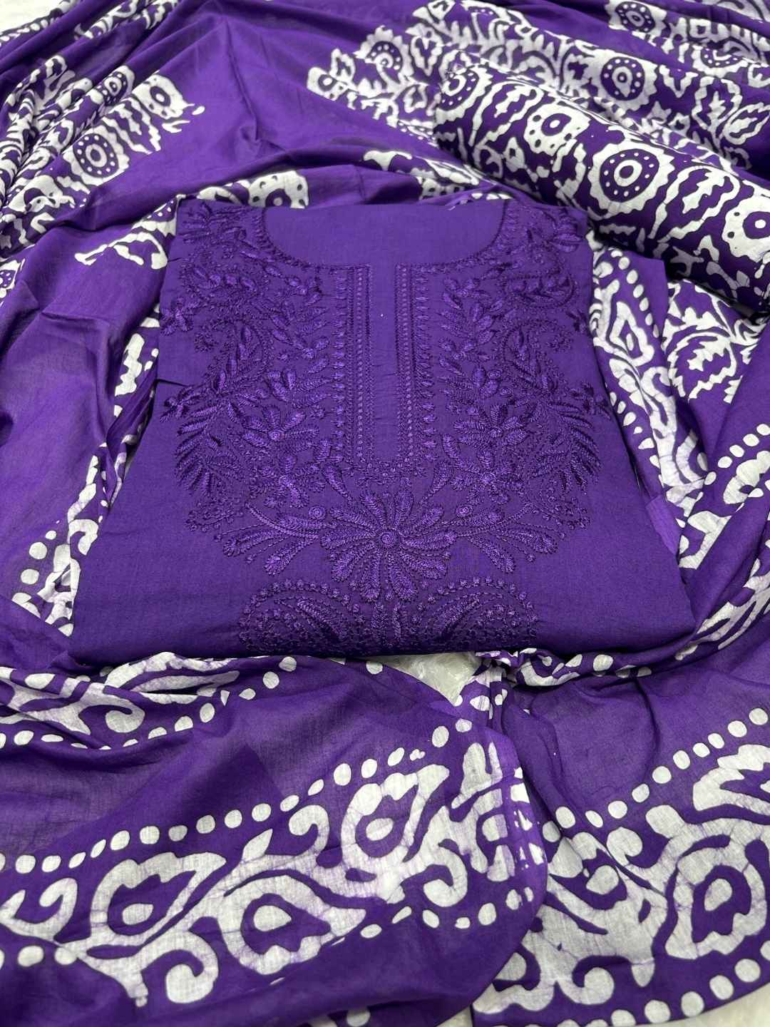 Bombay Batik Pure Cotton Dress Material Intricate Batik with Lucknowi Embroidery Feel – Purple Batik