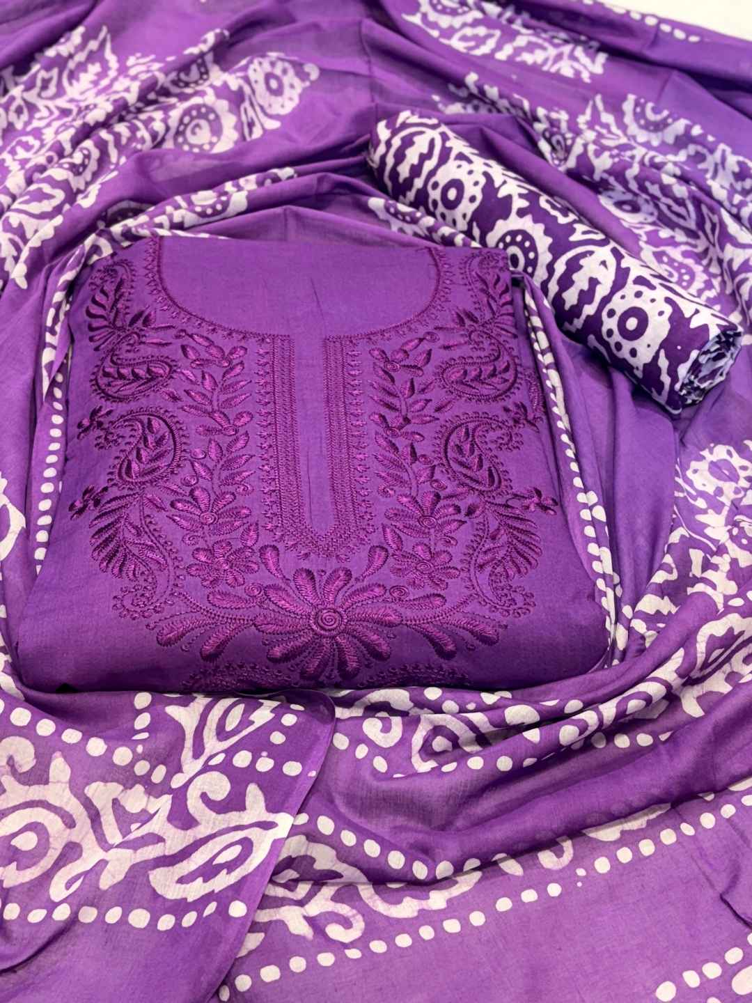 Bombay Batik Women's Pure Cotton Hand Dyed Lucknowi Batik Dress Material with Cotton Dupatta (Lavender ) | Dress Material for Women