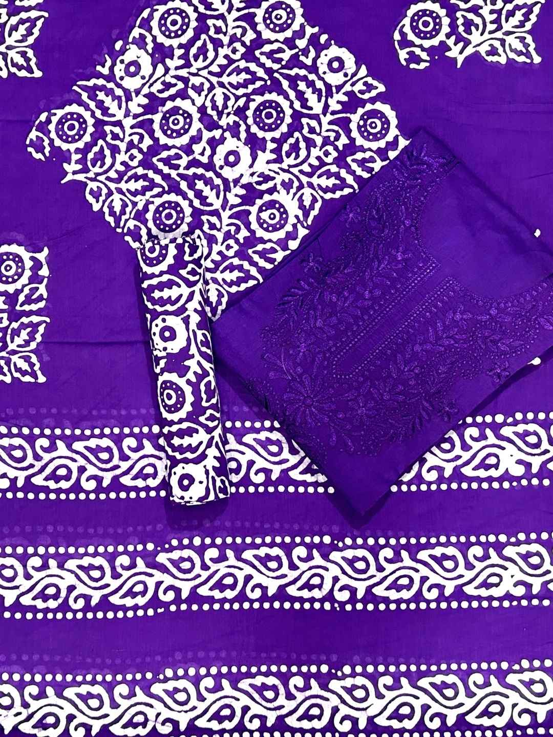 Bombay Batik Pure Cotton Dress Material Intricate Batik with Lucknowi Embroidery Feel – Purple Batik