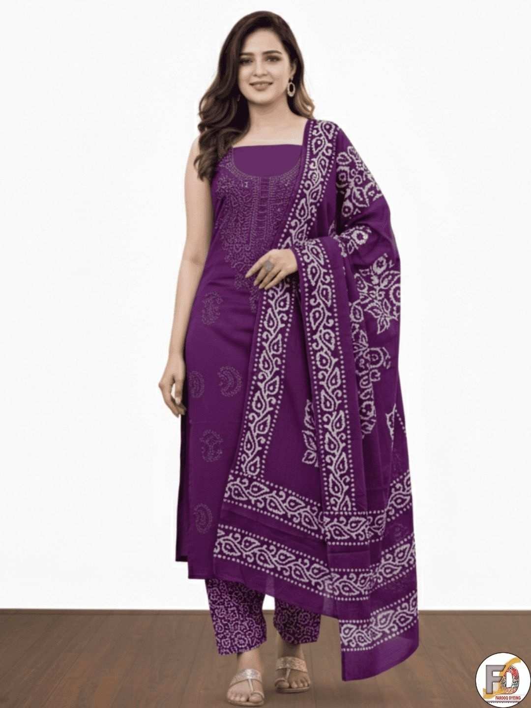 Bombay Batik Pure Cotton Dress Material Intricate Batik with Lucknowi Embroidery Feel – Purple Batik