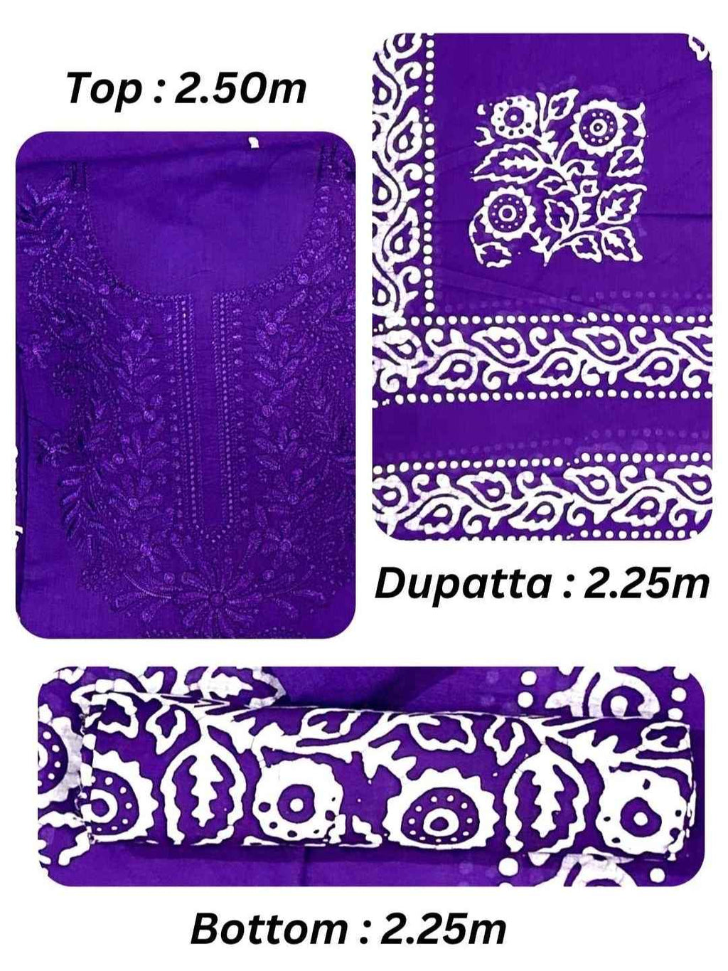 Bombay Batik Pure Cotton Dress Material Intricate Batik with Lucknowi Embroidery Feel – Purple Batik