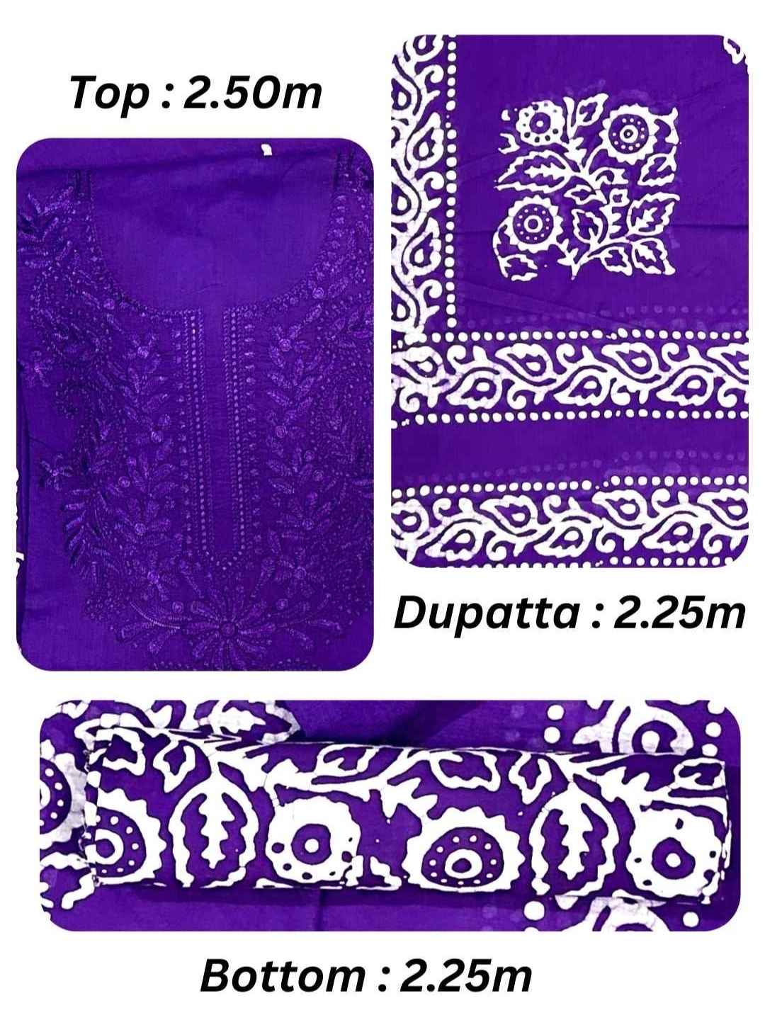 Bombay Batik Pure Cotton Dress Material Intricate Batik with Lucknowi Embroidery Feel – Purple Batik
