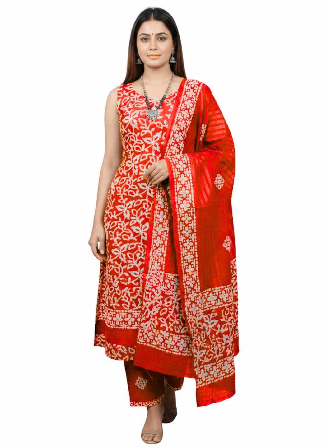 Orange Soft  Printed Cotton Dress Material With Dupatta