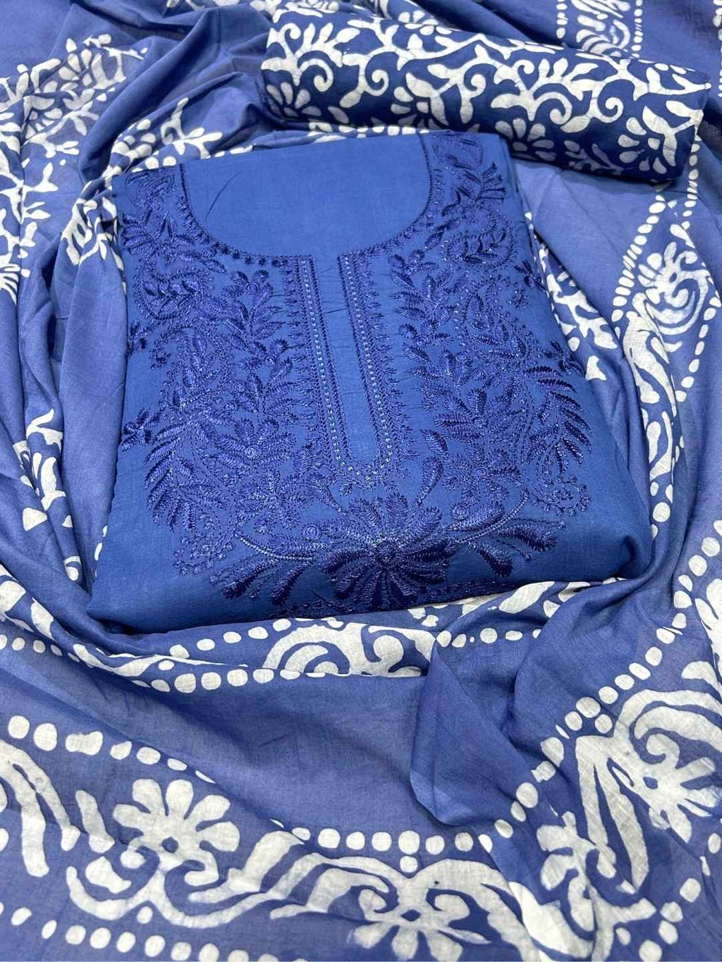 Bombay Batik Pure Cotton Dress Material Hand-Dyed Batik with Lucknowi Motifs – Indigo Batik