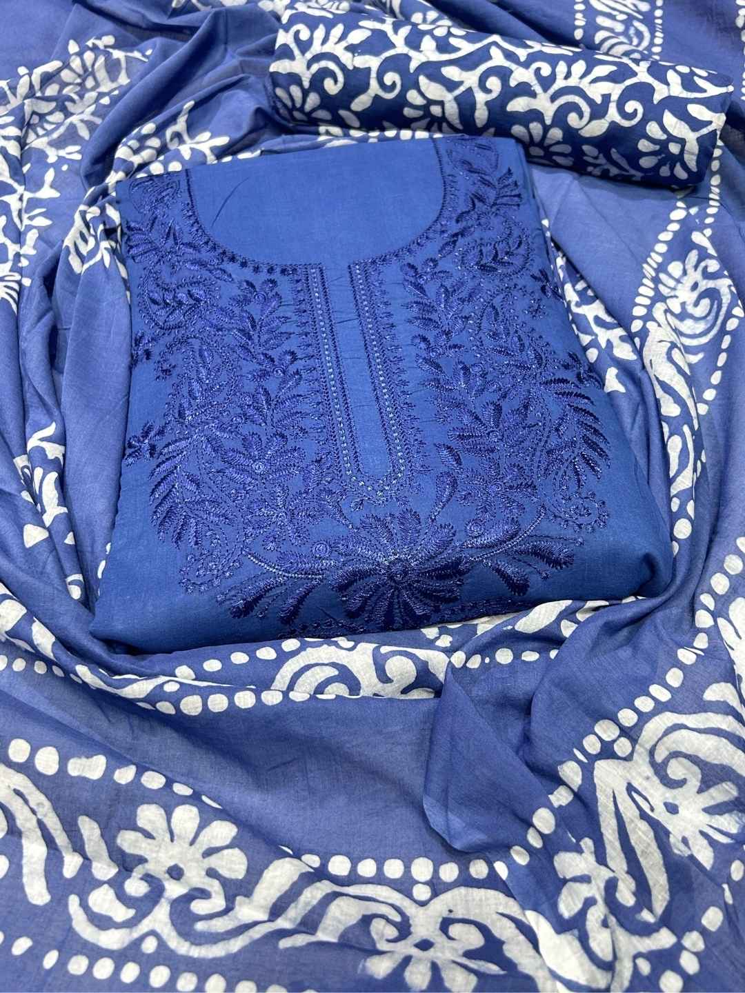 Bombay Batik Pure Cotton Dress Material Hand-Dyed Batik with Lucknowi Motifs – Indigo Batik