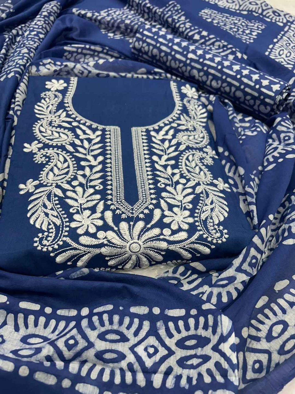 Bombay Batik Pure Cotton Lucknowi Dress Material Batik Handwork – Indigo White Colour (FD-DM-LK-IDWHT-KJ)