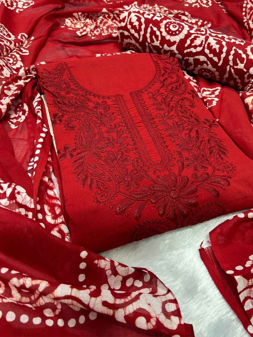 Bombay Batik Pure Cotton Dress Material Ethnic Batik Fabric with Lucknowi Touch – Red   Batik