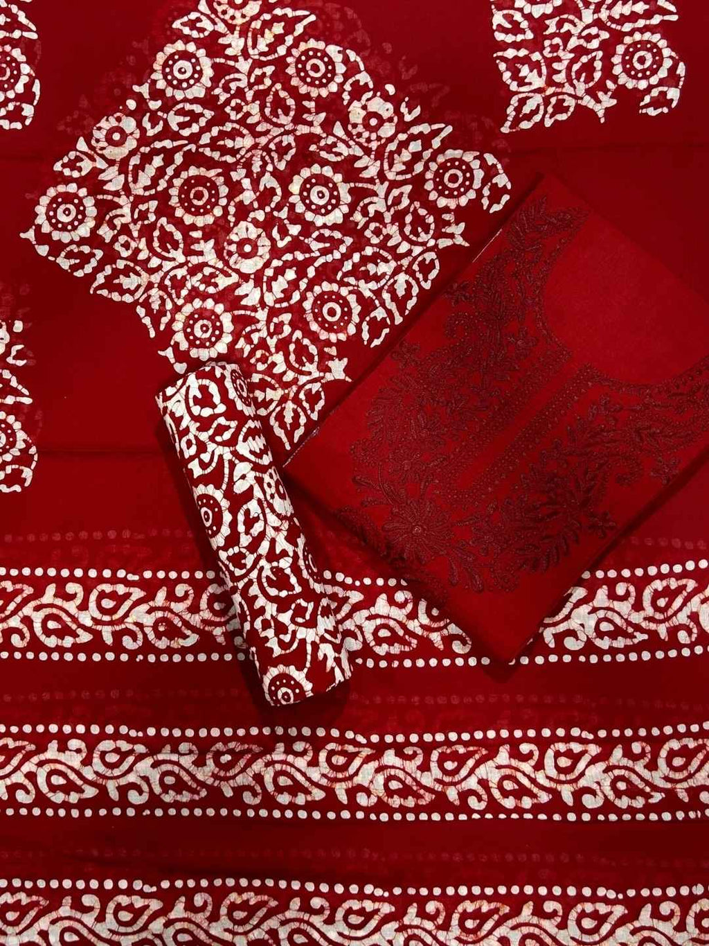 Bombay Batik Pure Cotton Dress Material Ethnic Batik Fabric with Lucknowi Touch – Red   Batik