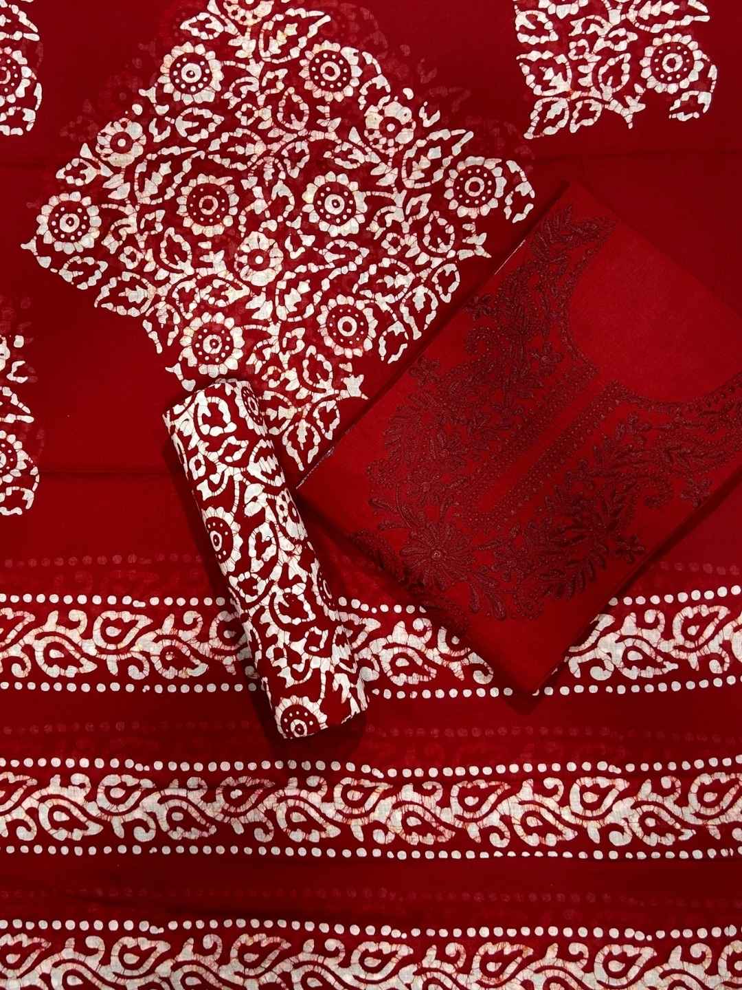 Bombay Batik Pure Cotton Dress Material Ethnic Batik Fabric with Lucknowi Touch – Red   Batik