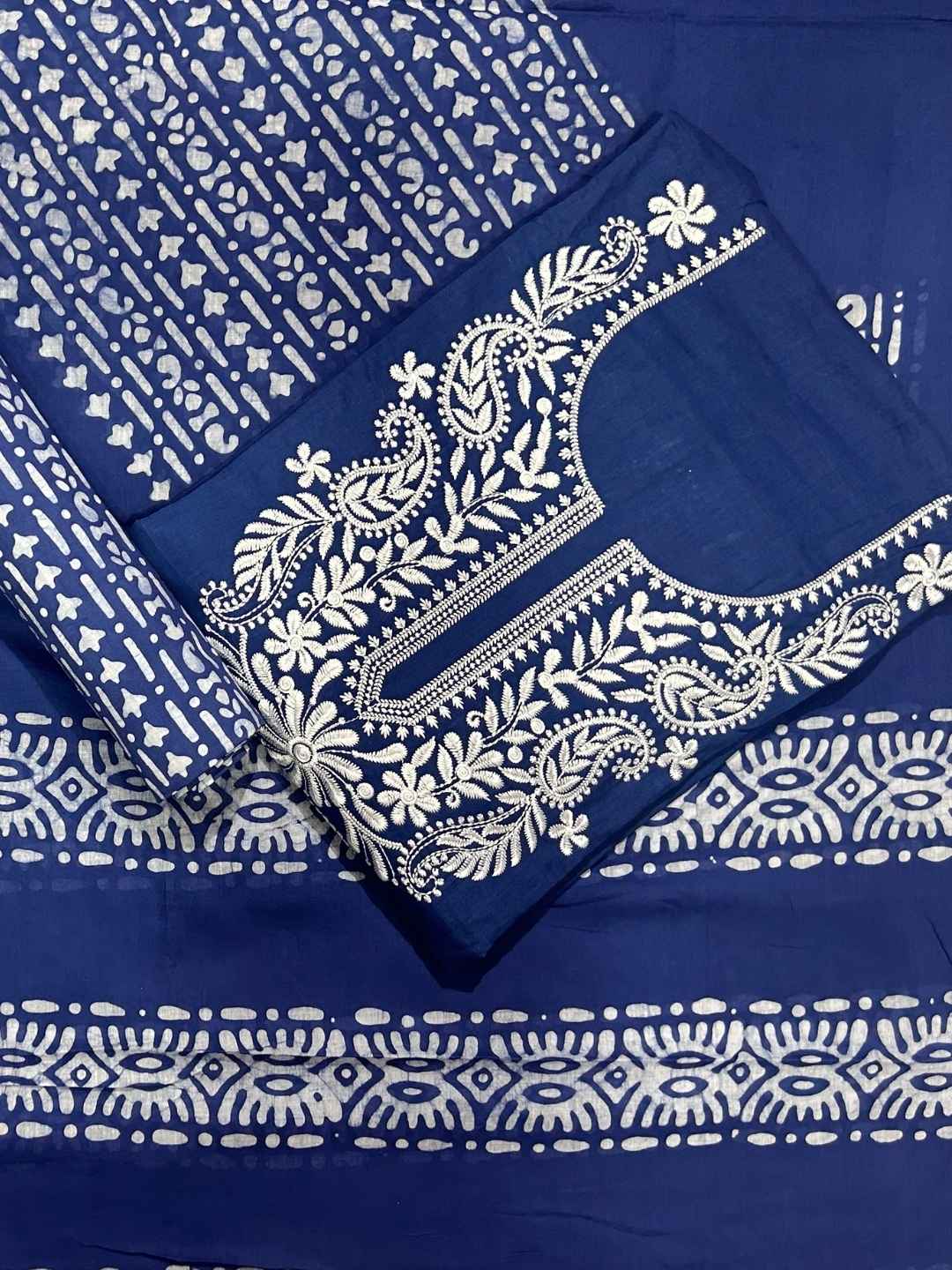 Bombay Batik Pure Cotton Lucknowi Dress Material Batik Handwork – Indigo White Colour (FD-DM-LK-IDWHT-KJ)