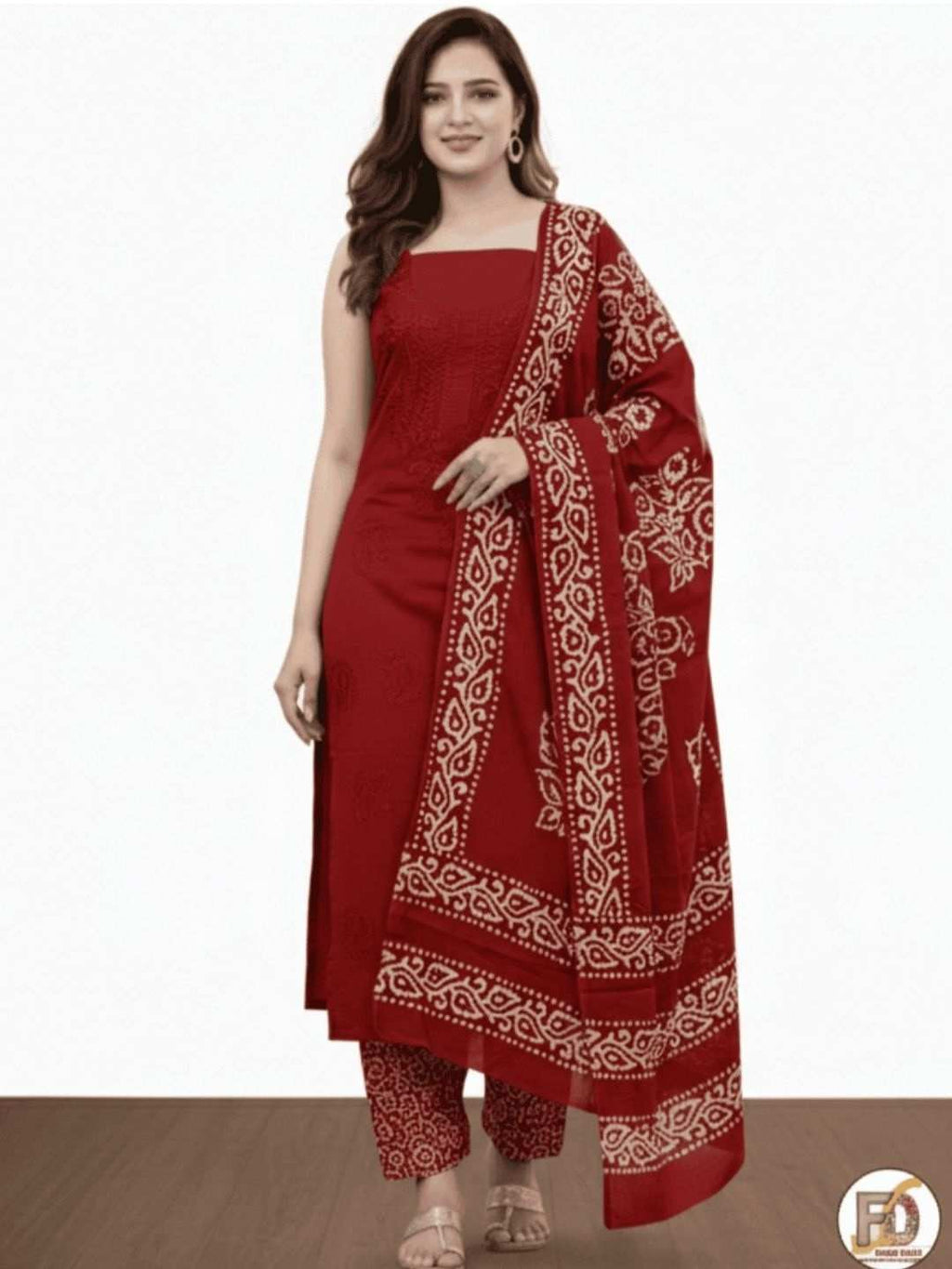 Bombay Batik Pure Cotton Dress Material Ethnic Batik Fabric with Lucknowi Touch – Red   Batik