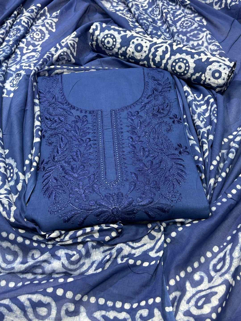 Bombay Batik Pure Cotton Lucknowi Dress Material Batik Handwork – Indigo Colour (FD-DM-LK-ID-PHLPTI)