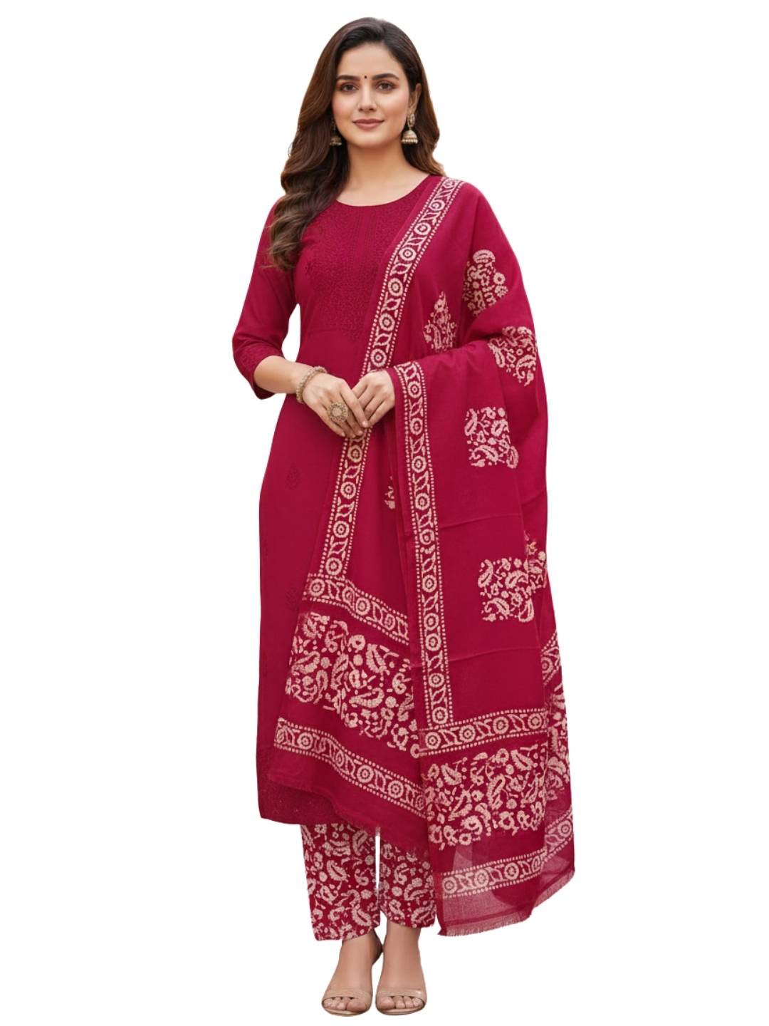 Bombay Batik Women's Pure Cotton Hand Dyed Lucknowi Batik Dress Material with Cotton Dupatta (Pink) | Dress Material for Women
