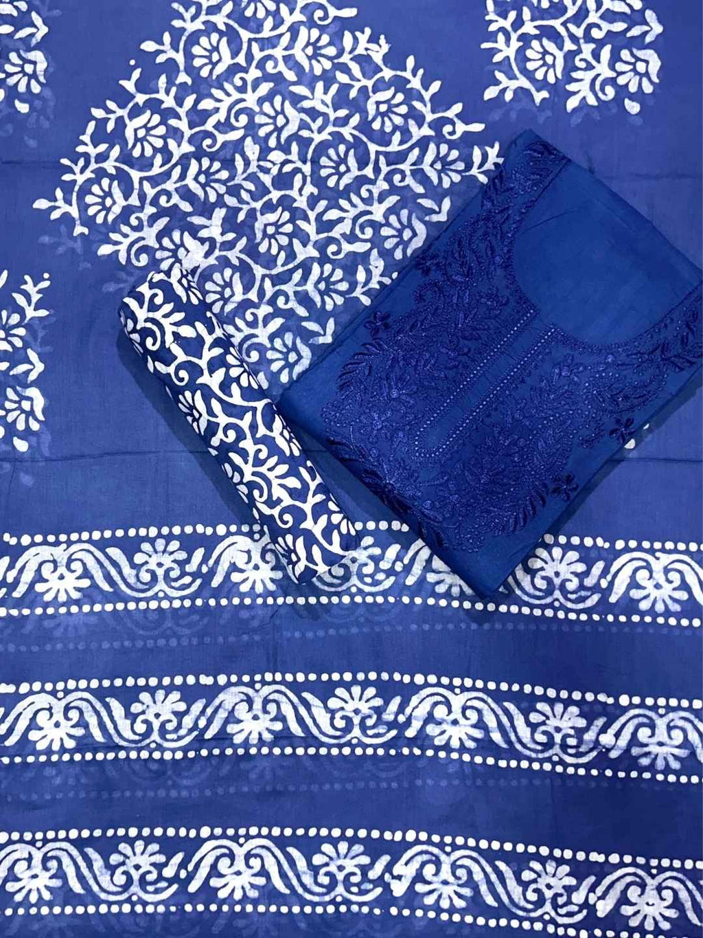 Bombay Batik Pure Cotton Dress Material Hand-Dyed Batik with Lucknowi Motifs – Indigo Batik
