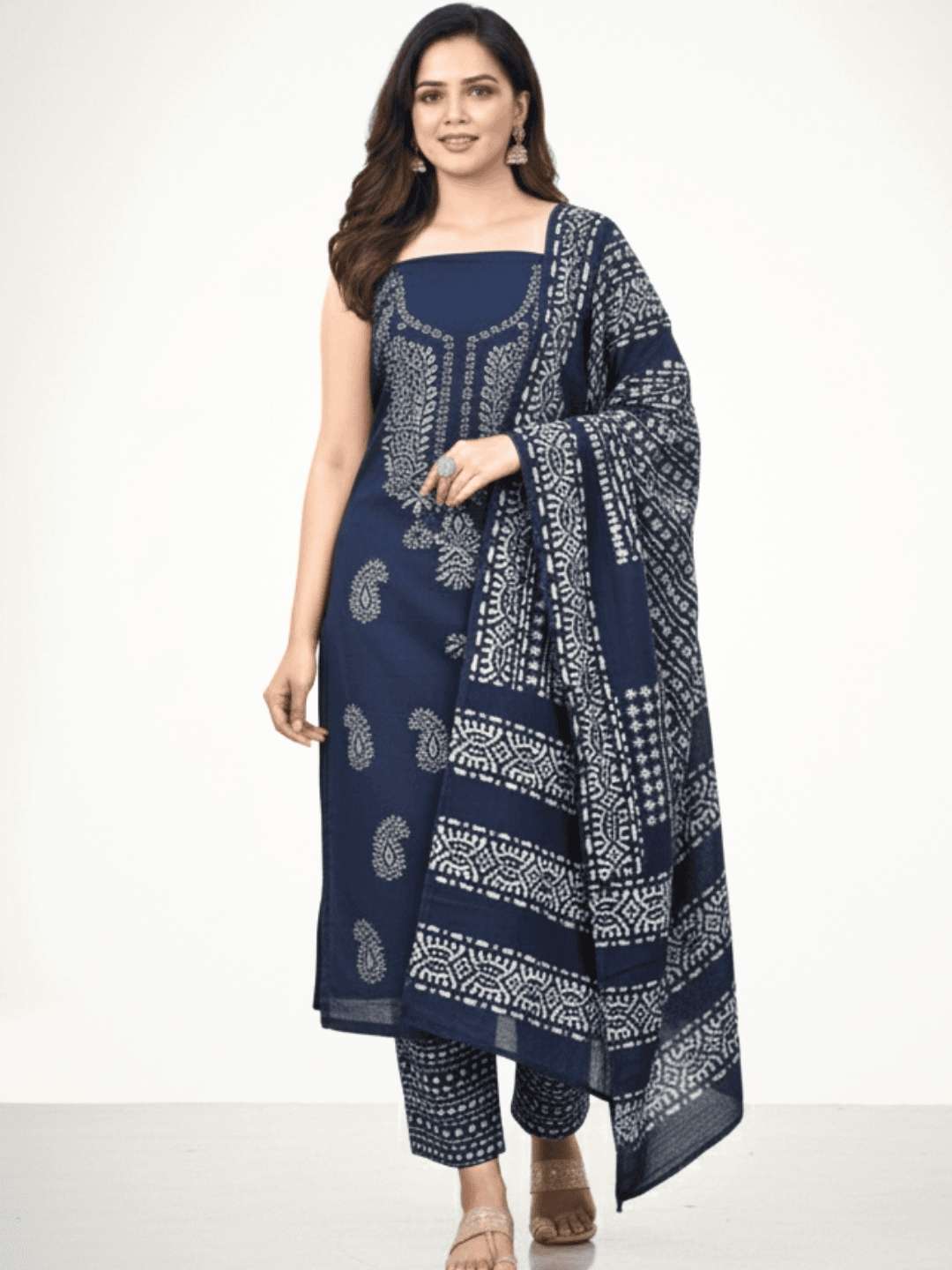 Bombay Batik Pure Cotton Lucknowi Dress Material Batik Handwork – Navy Blue White Colour (FD-DM-LK-NYBLWH-KJ)