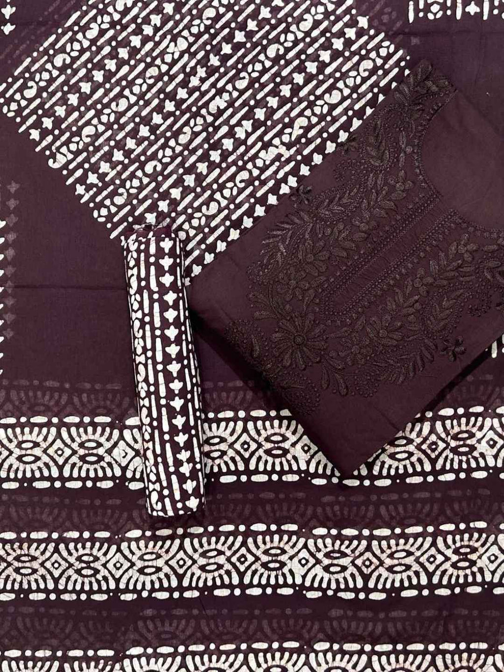 Bombay Batik Pure Cotton Lucknowi Dress Material Batik Handwork – Cofee Colour