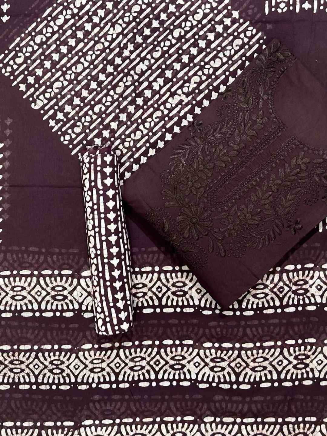 Bombay Batik Pure Cotton Lucknowi Dress Material Batik Handwork – Cofee Colour