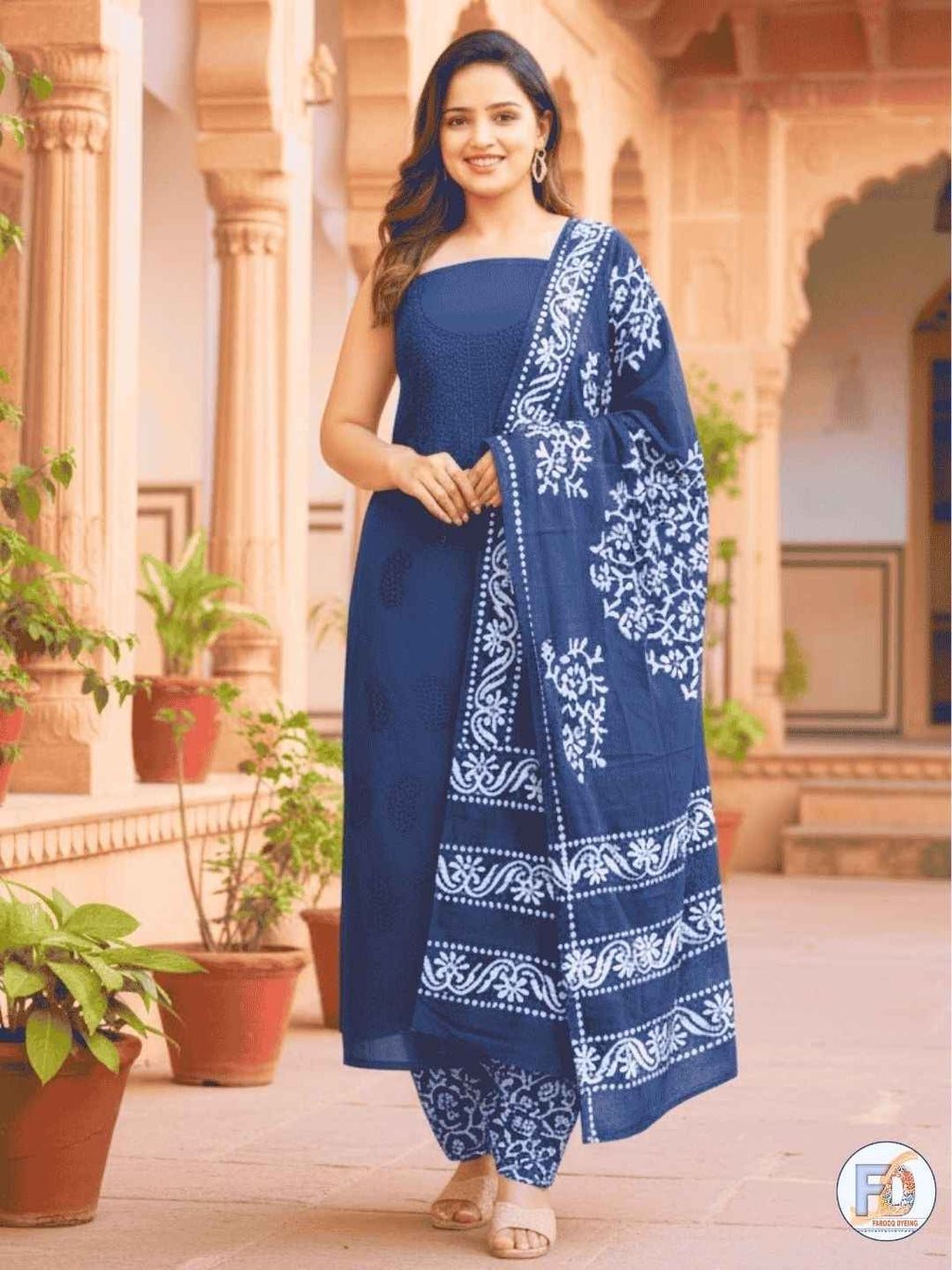 Bombay Batik Pure Cotton Dress Material Hand-Dyed Batik with Lucknowi Motifs – Indigo Batik