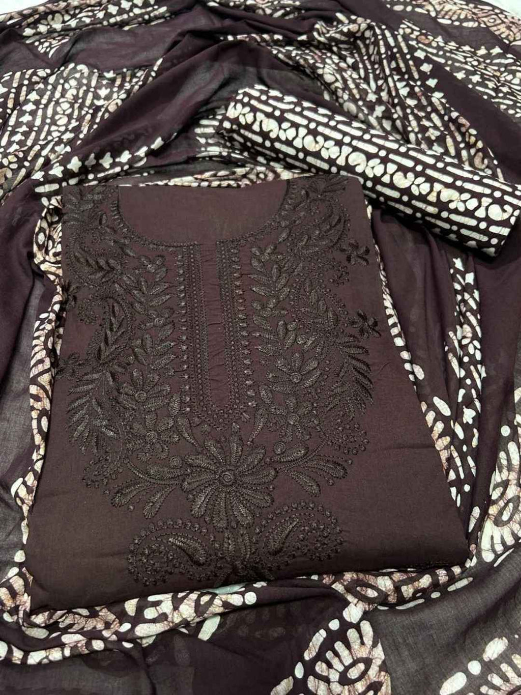Bombay Batik Pure Cotton Lucknowi Dress Material Batik Handwork – Cofee Colour