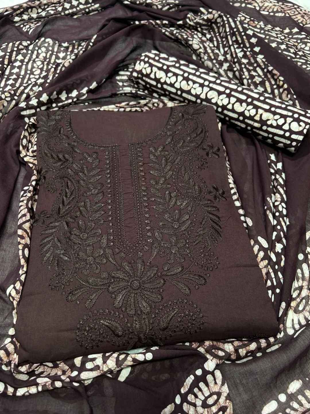 Bombay Batik Pure Cotton Lucknowi Dress Material Batik Handwork – Cofee Colour
