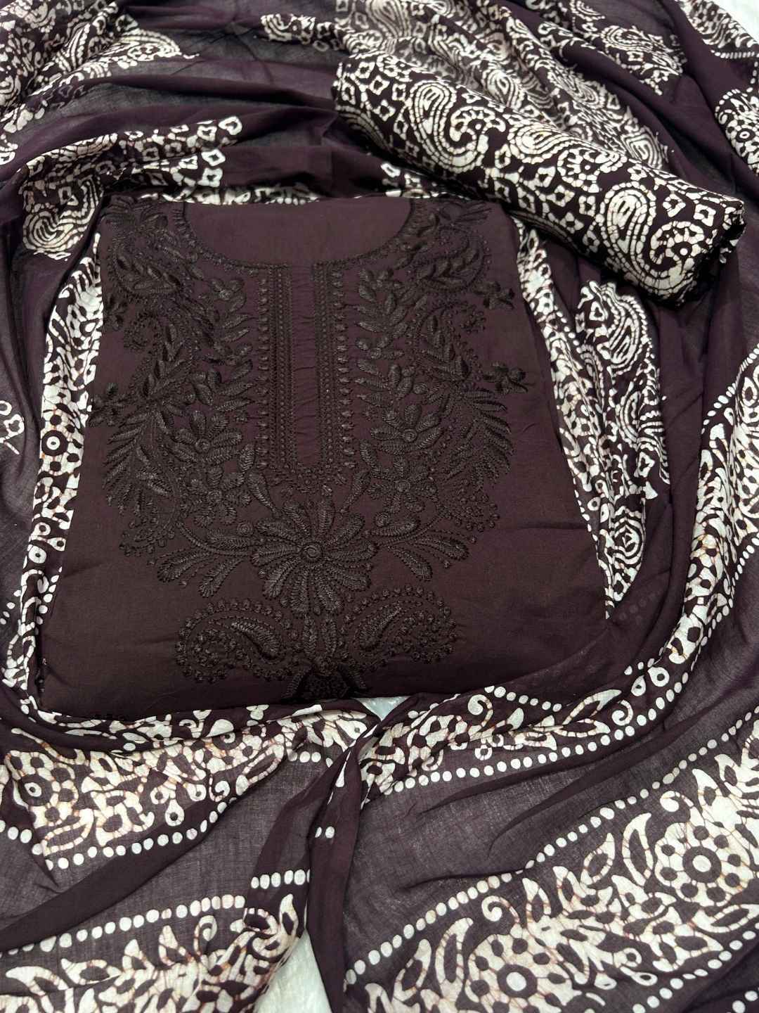 Bombay Batik Pure Cotton Lucknowi Dress Material Batik Handwork – Cofee Colour