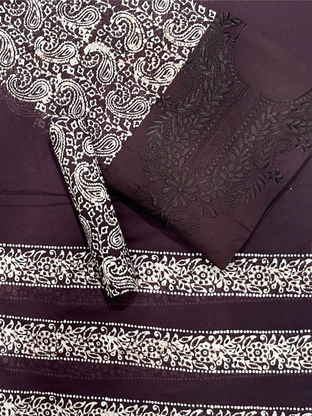 Bombay Batik Pure Cotton Lucknowi Dress Material Batik Handwork – Cofee Colour