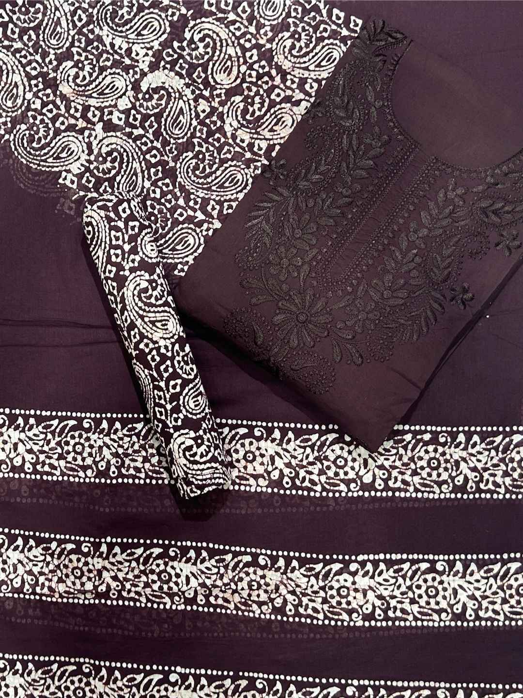Bombay Batik Pure Cotton Lucknowi Dress Material Batik Handwork – Cofee Colour