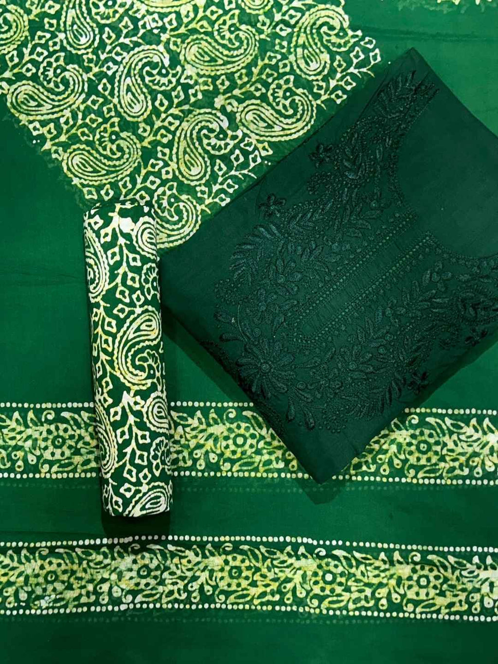 Bombay Batik Pure Cotton Lucknowi Dress Material Batik Handwork – Green Colour