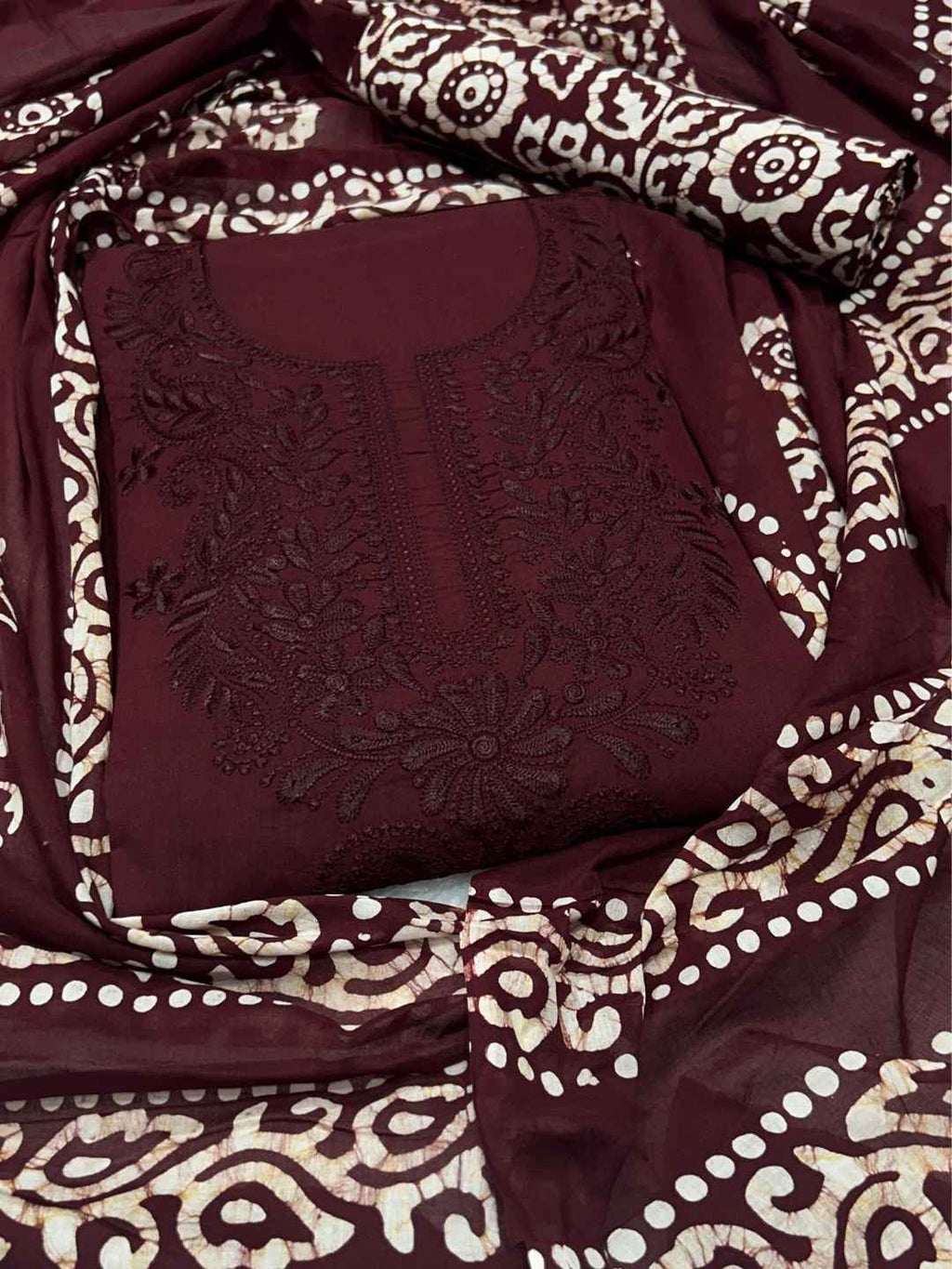 Bombay Batik Pure Cotton Lucknowi Dress Material Batik Handwork – Maroon Colour (FD-DM-LK-MR-PHLPTI)