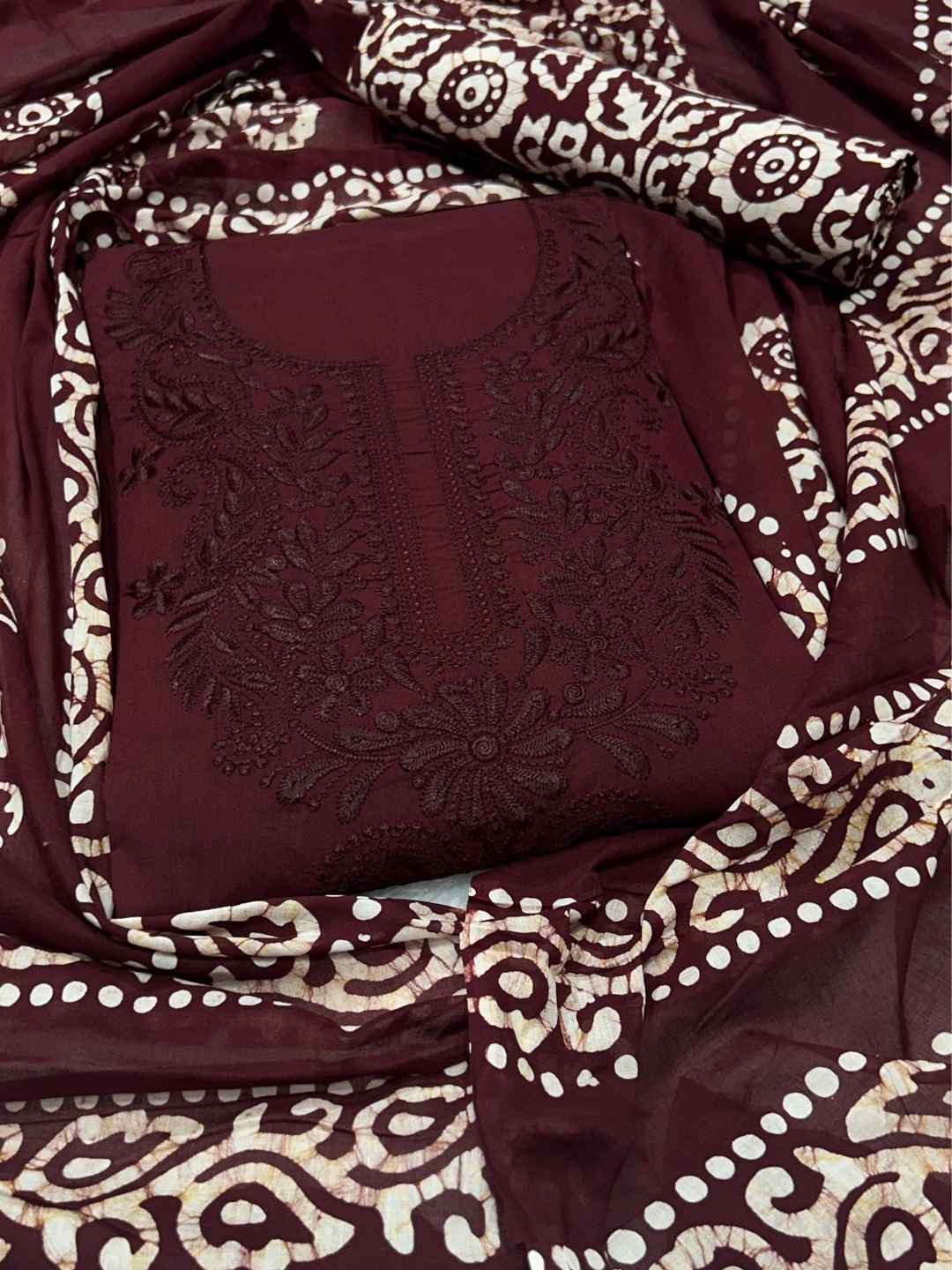Bombay Batik Pure Cotton Lucknowi Dress Material Batik Handwork – Maroon Colour (FD-DM-LK-MR-PHLPTI)
