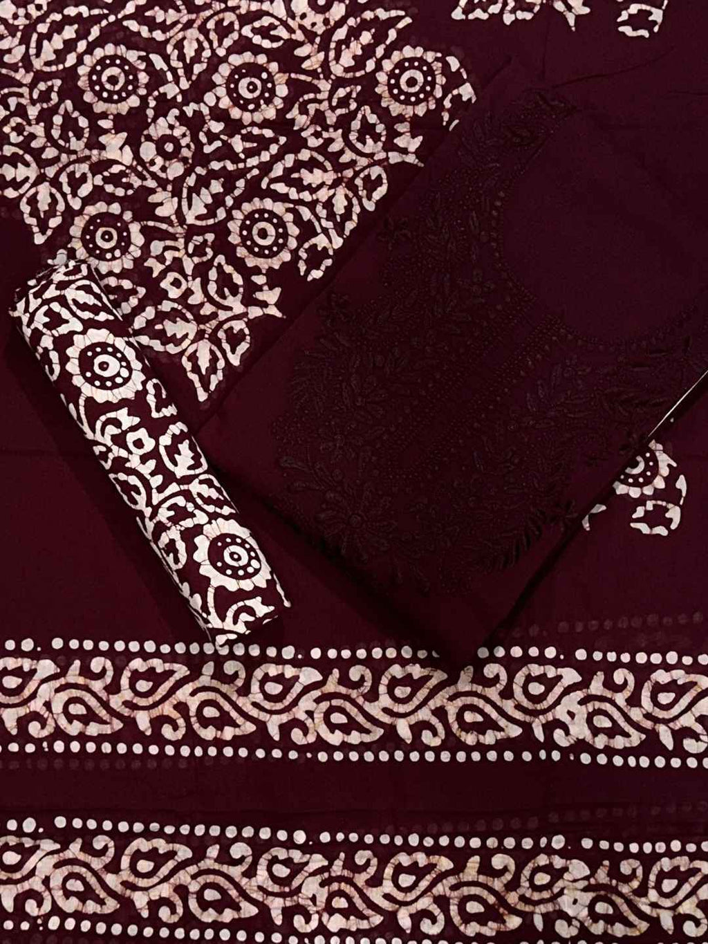 Bombay Batik Pure Cotton Lucknowi Dress Material Batik Handwork – Maroon Colour (FD-DM-LK-MR-PHLPTI)