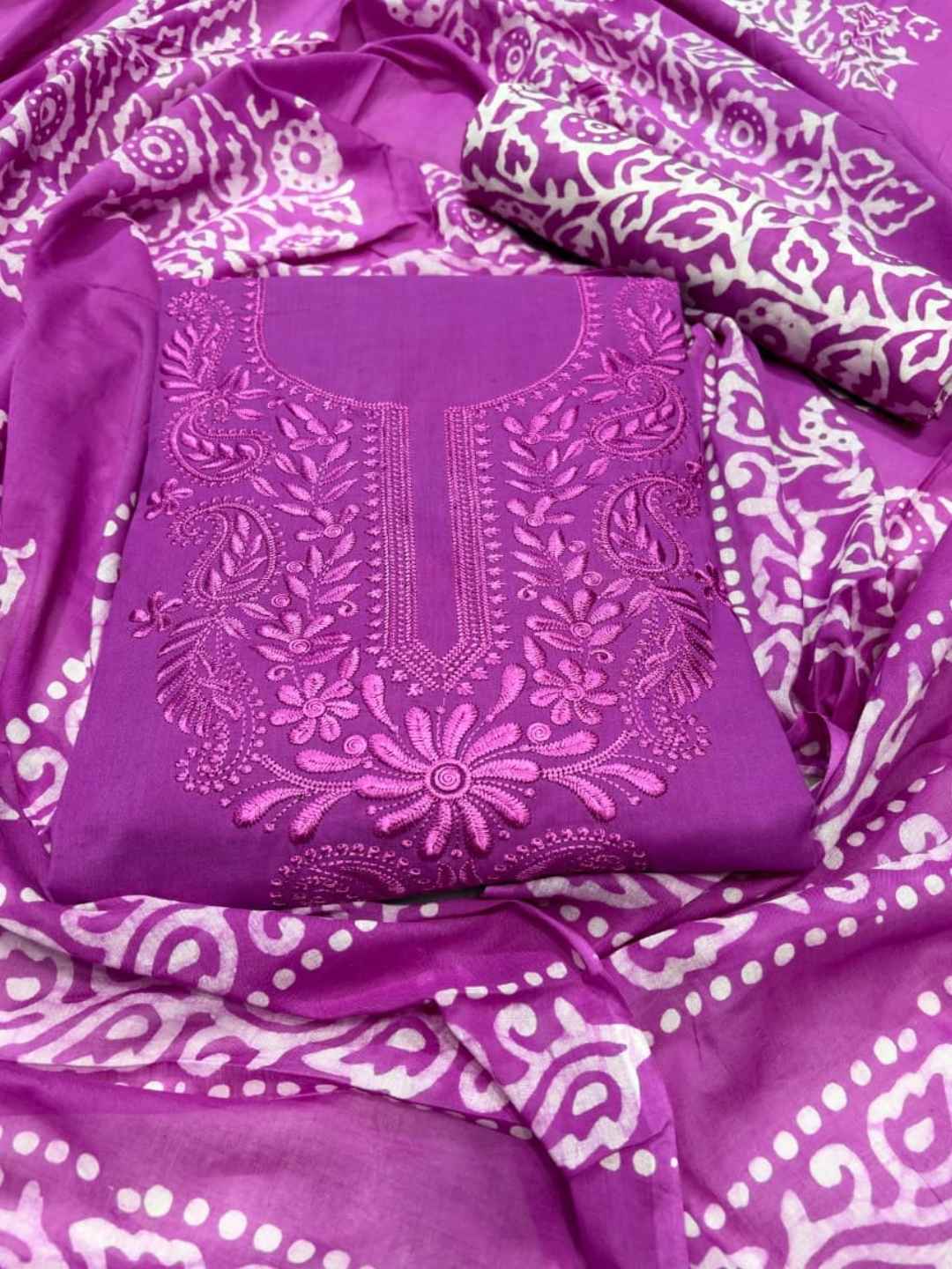 Bombay Batik Women's Pure Cotton Hand Dyed Lucknowi Batik Dress Material with Cotton Dupatta (Magenta) | Dress Material for Women