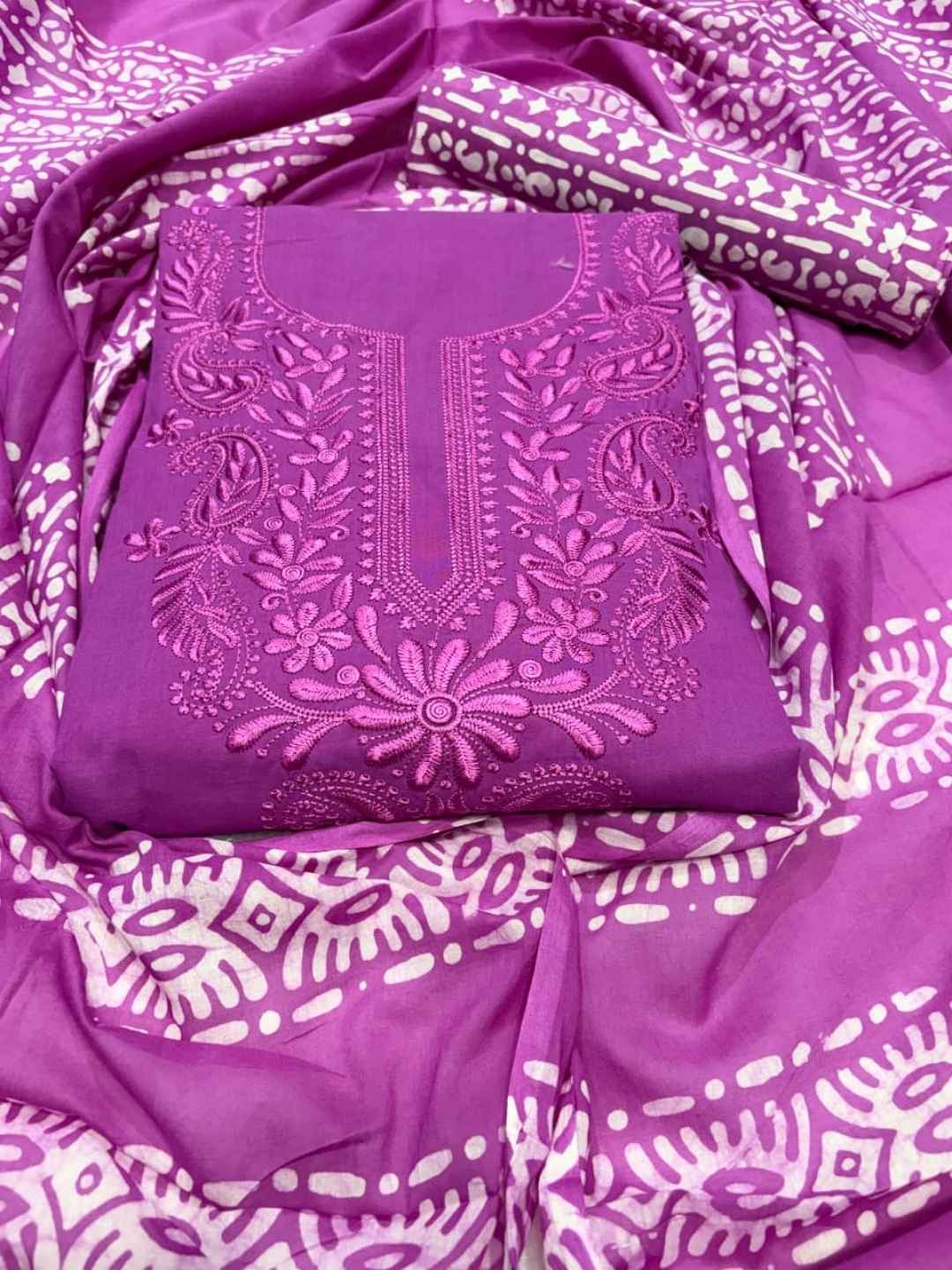 Bombay Batik Women's Pure Cotton Hand Dyed Lucknowi Batik Dress Material with Cotton Dupatta (Magenta) | Dress Material for Women