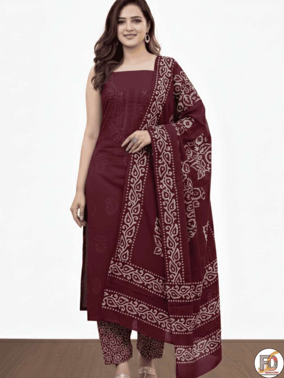 Bombay Batik Pure Cotton Lucknowi Dress Material Batik Handwork – Maroon Colour (FD-DM-LK-MR-PHLPTI)