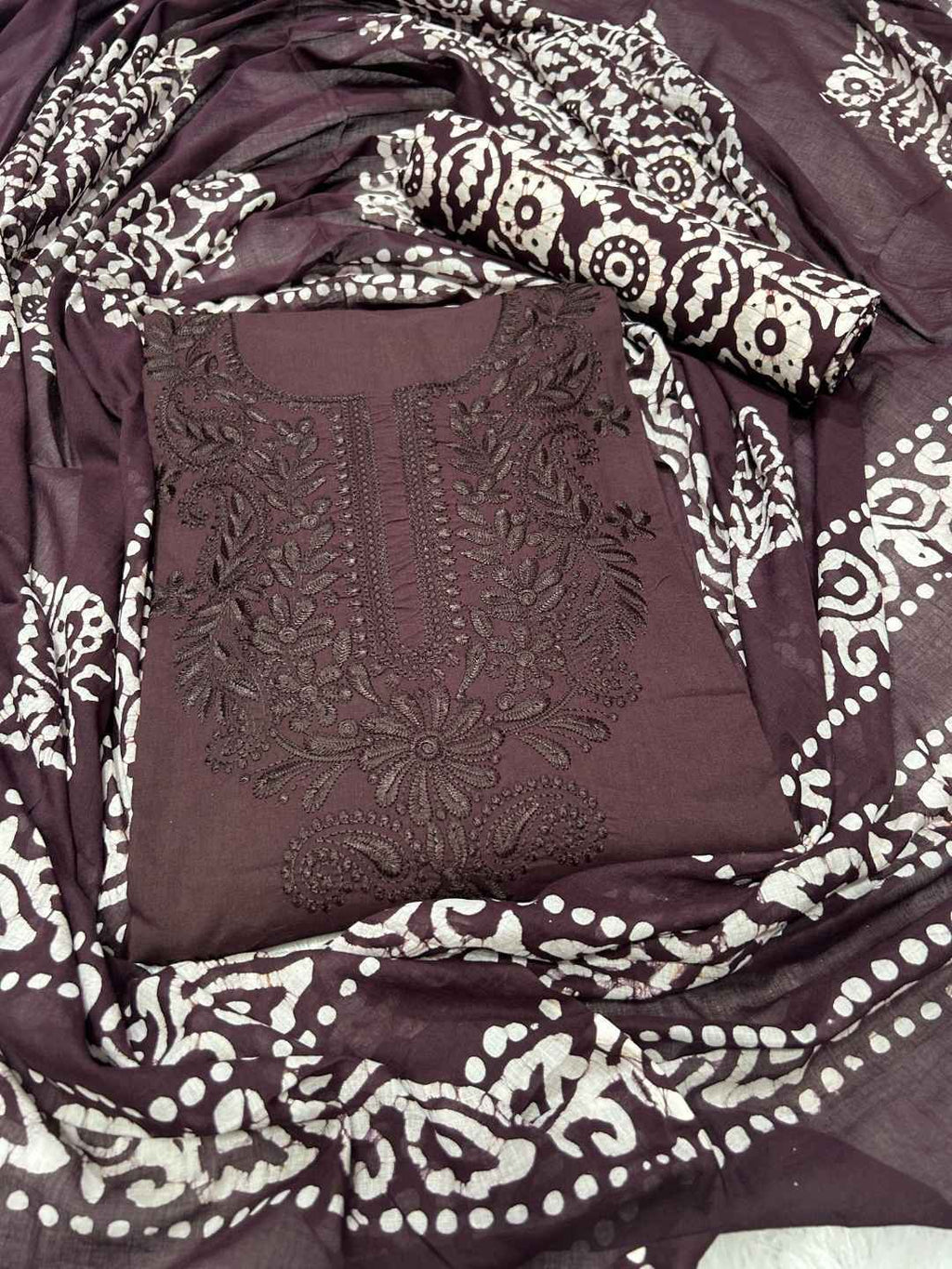 Bombay Batik Pure Cotton Lucknowi Dress Material Batik Handwork – Cofee Colour