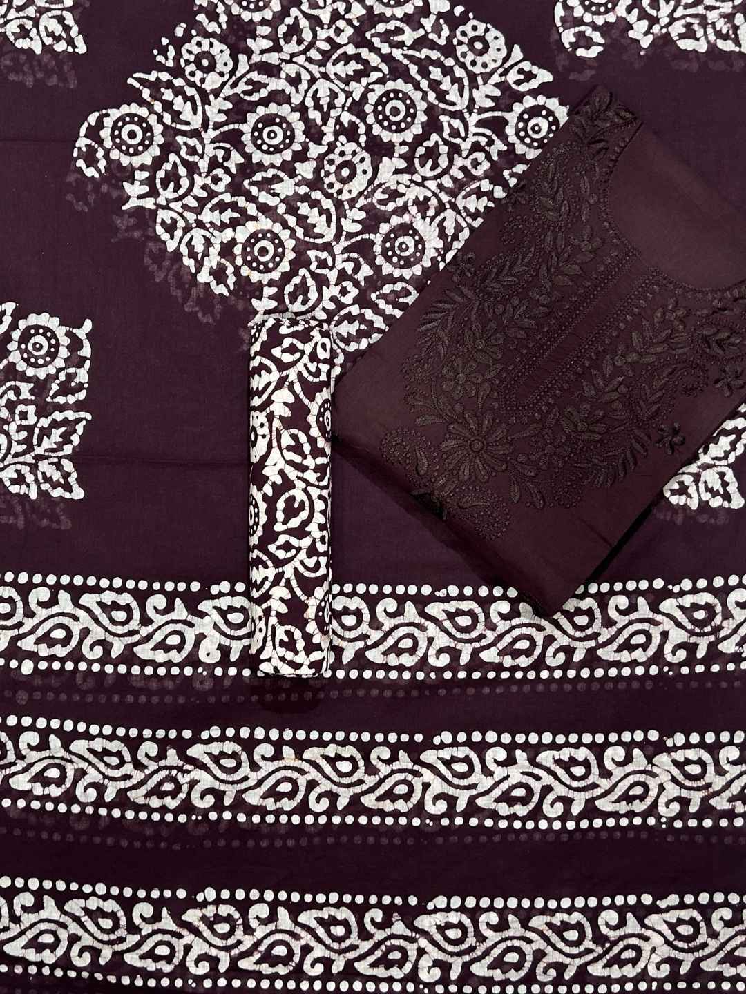 Bombay Batik Pure Cotton Lucknowi Dress Material Batik Handwork – Cofee Colour