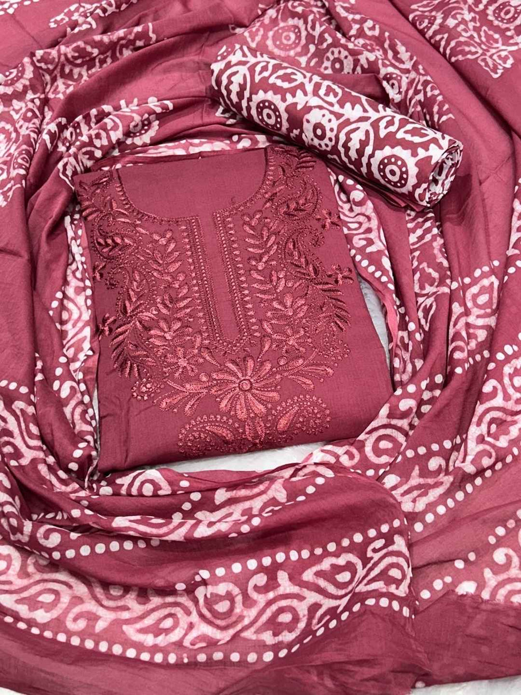 Bombay Batik Pure Cotton Dress Material Hand Batik Printing with Lucknowi Work – Carrot Batik