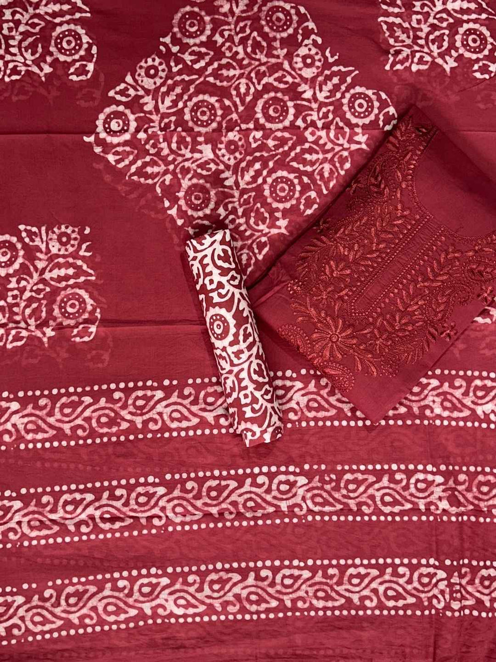 Bombay Batik Pure Cotton Dress Material Hand Batik Printing with Lucknowi Work – Carrot Batik