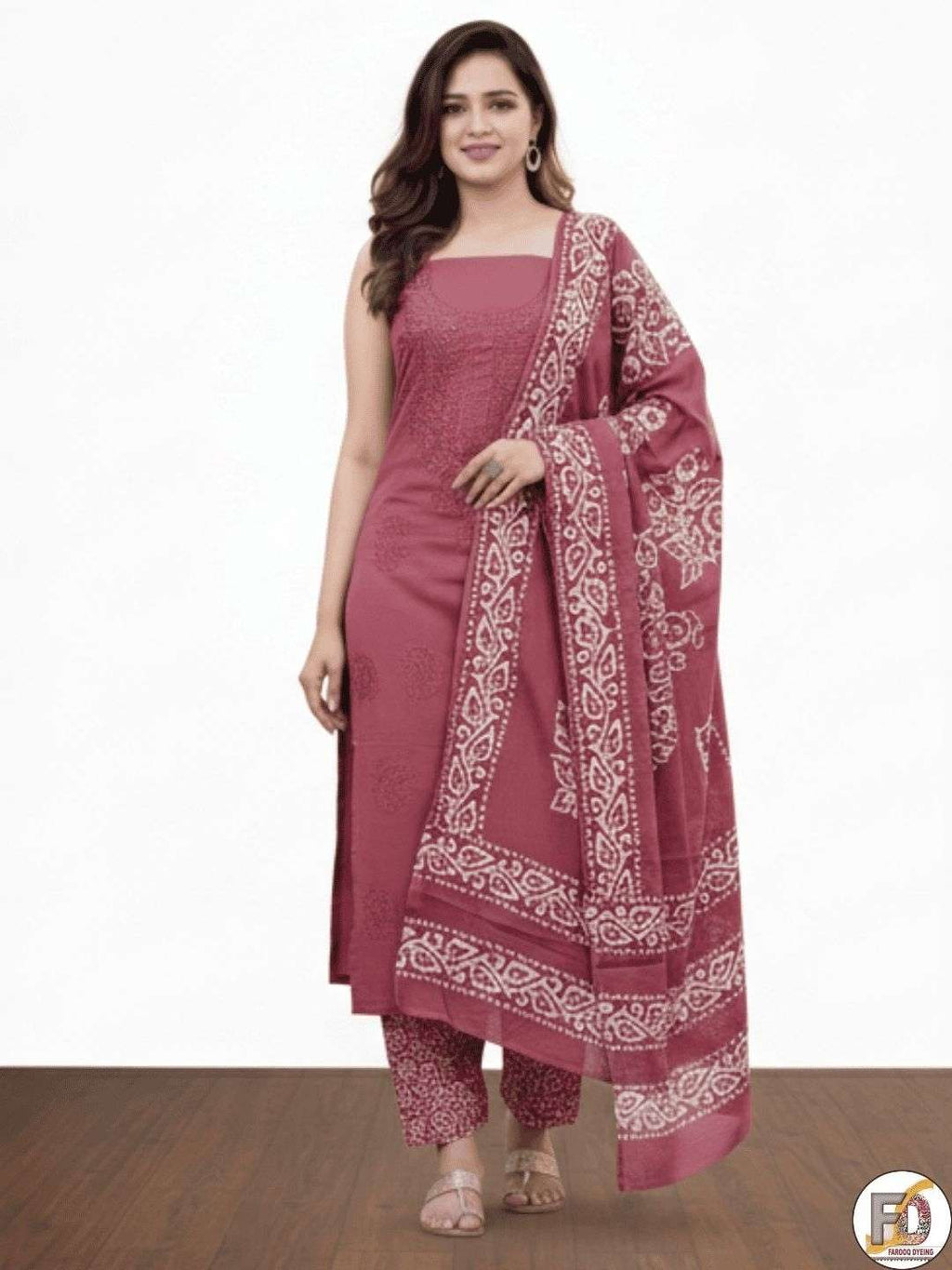 Bombay Batik Pure Cotton Dress Material Hand Batik Printing with Lucknowi Work – Carrot Batik