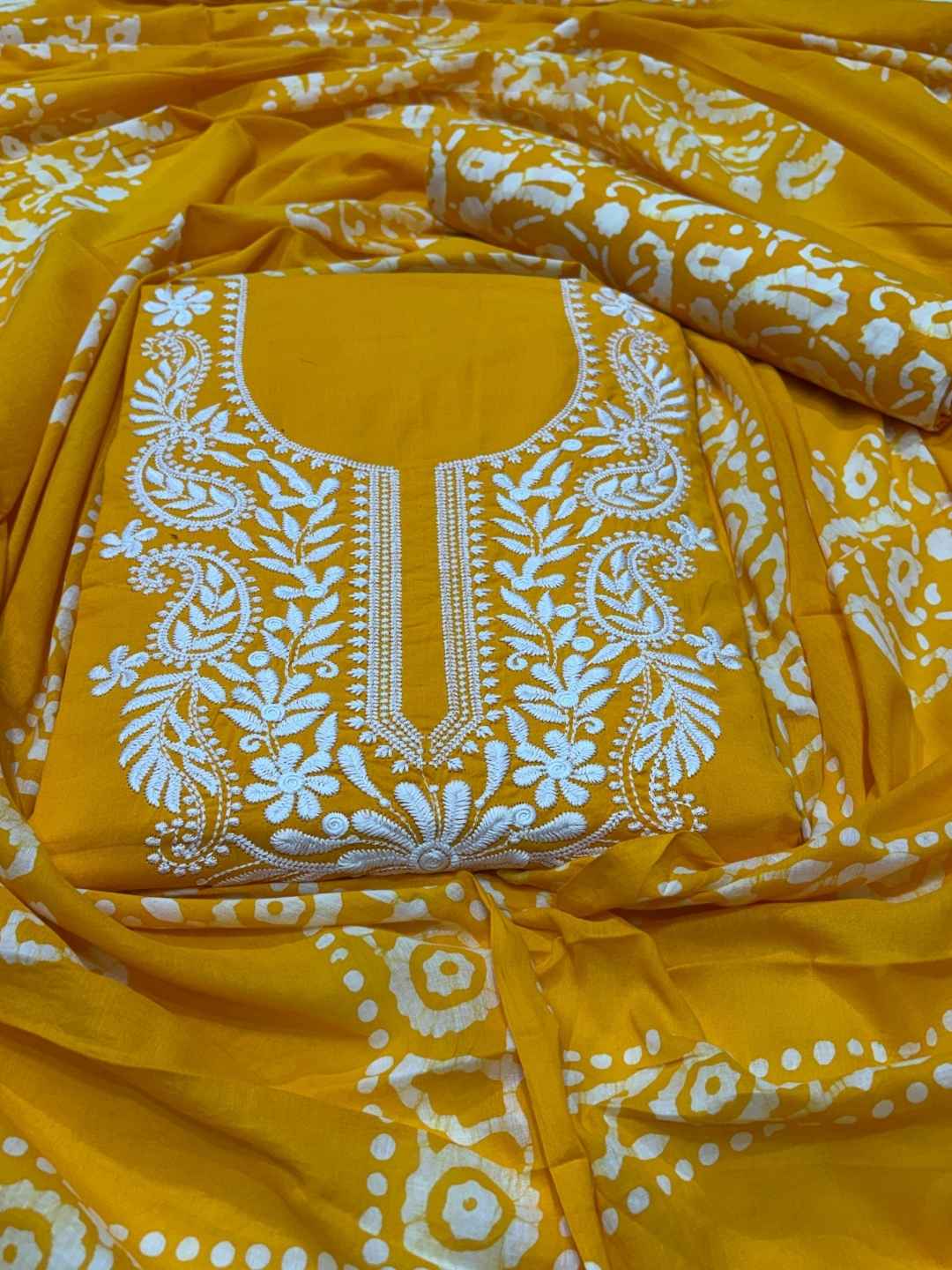 Bombay Batik Women's Pure Cotton Hand Dyed Lucknowi Batik Dress Material with Cotton Dupatta (Yellow White) | Dress Material for Women