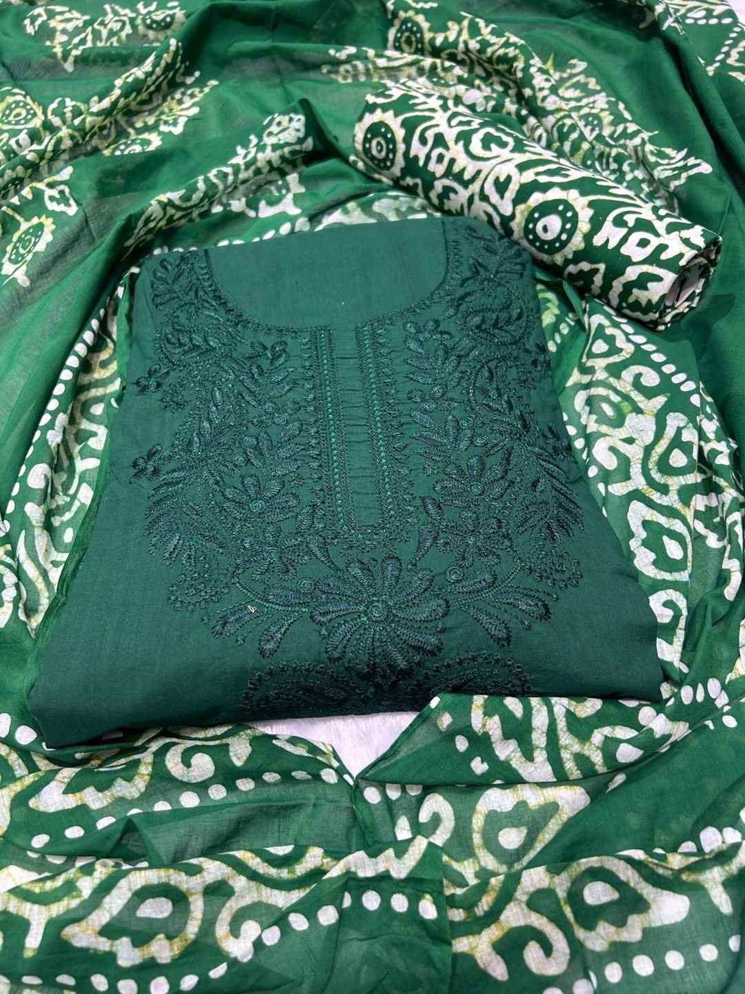 Bombay Batik Pure Cotton Lucknowi Dress Material Batik Handwork – Green Colour (FD-DM-LK-GN-PHLPTI)