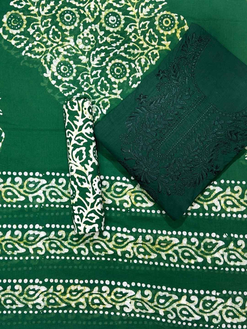Bombay Batik Pure Cotton Lucknowi Dress Material Batik Handwork – Green Colour (FD-DM-LK-GN-PHLPTI)