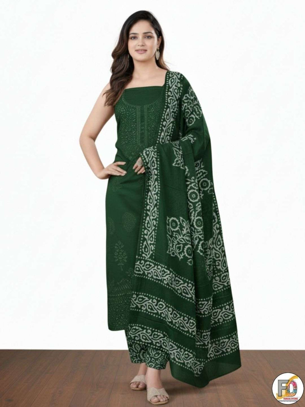Bombay Batik Pure Cotton Lucknowi Dress Material Batik Handwork – Green Colour (FD-DM-LK-GN-PHLPTI)