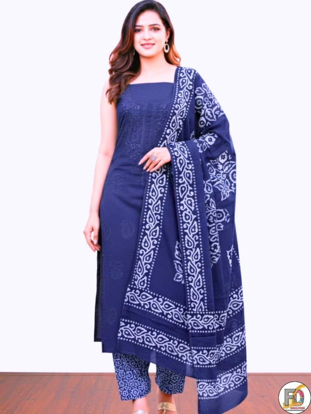 Bombay Batik Pure Cotton Lucknowi Dress Material Batik Handwork – Indigo Colour (FD-DM-LK-ID-PHLPTI)