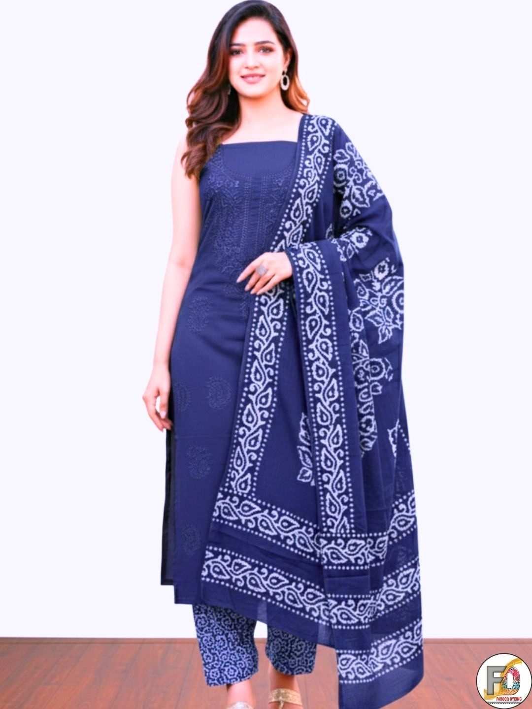 Bombay Batik Pure Cotton Lucknowi Dress Material Batik Handwork – Indigo Colour (FD-DM-LK-ID-PHLPTI)