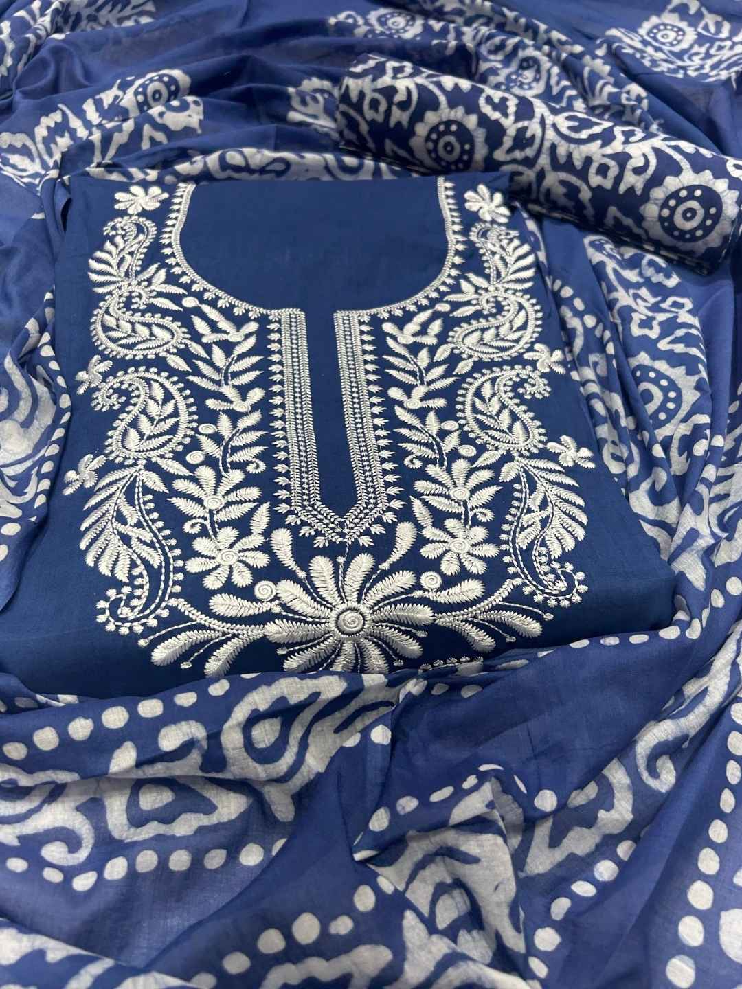 Bombay Batik Pure Cotton Lucknowi Dress Material Batik Handwork – Indigo White Colour (FD-DM-LK-IDWHT-PHLPTI)
