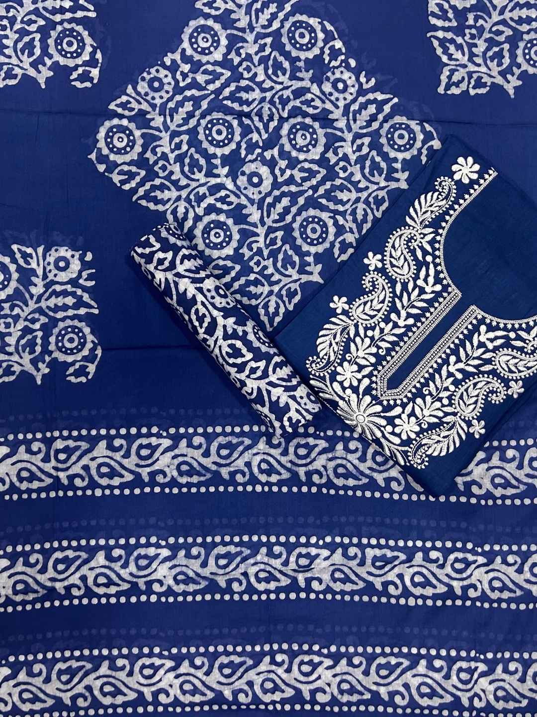 Bombay Batik Pure Cotton Lucknowi Dress Material Batik Handwork – Indigo White Colour (FD-DM-LK-IDWHT-PHLPTI)