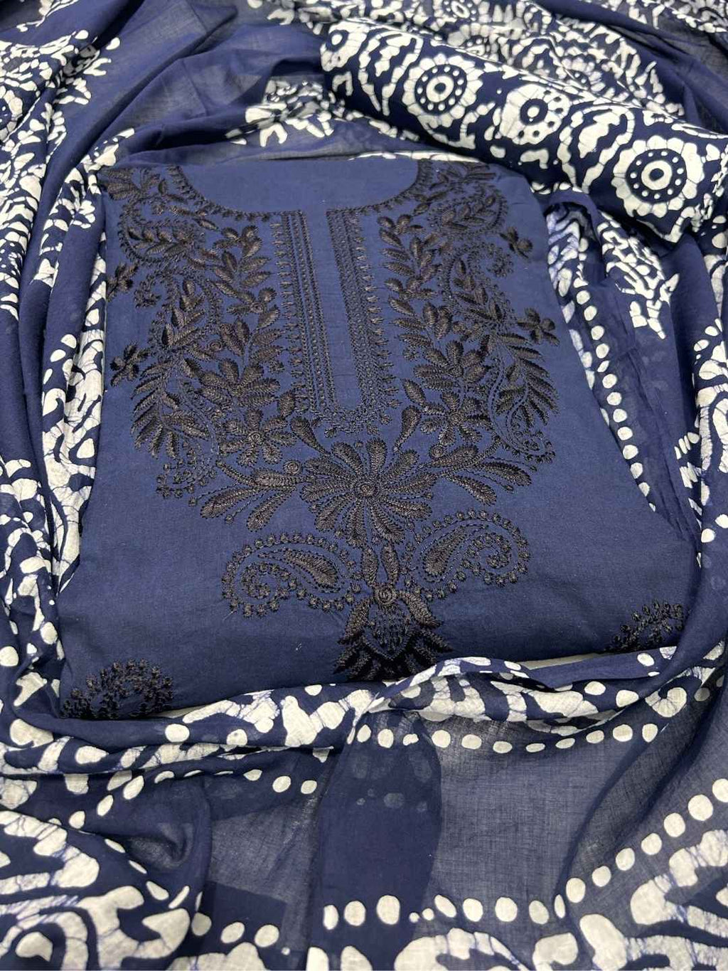 Bombay Batik Pure Cotton Dress Material Fusion Handblock Batik & Chikankari-Inspired Work – Navy Blue Batik