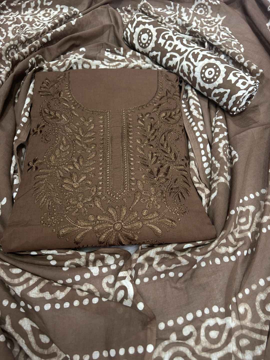 Bombay Batik Pure Cotton Dress Material Handcrafted Fusion of Batik & Lucknowi Art – Lakda Brown Batik